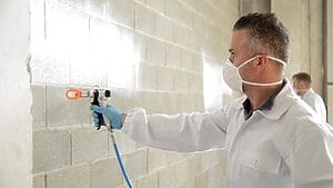 Operatore che vernicia un muro con una macchina per verniciatura professionale con ugello airless